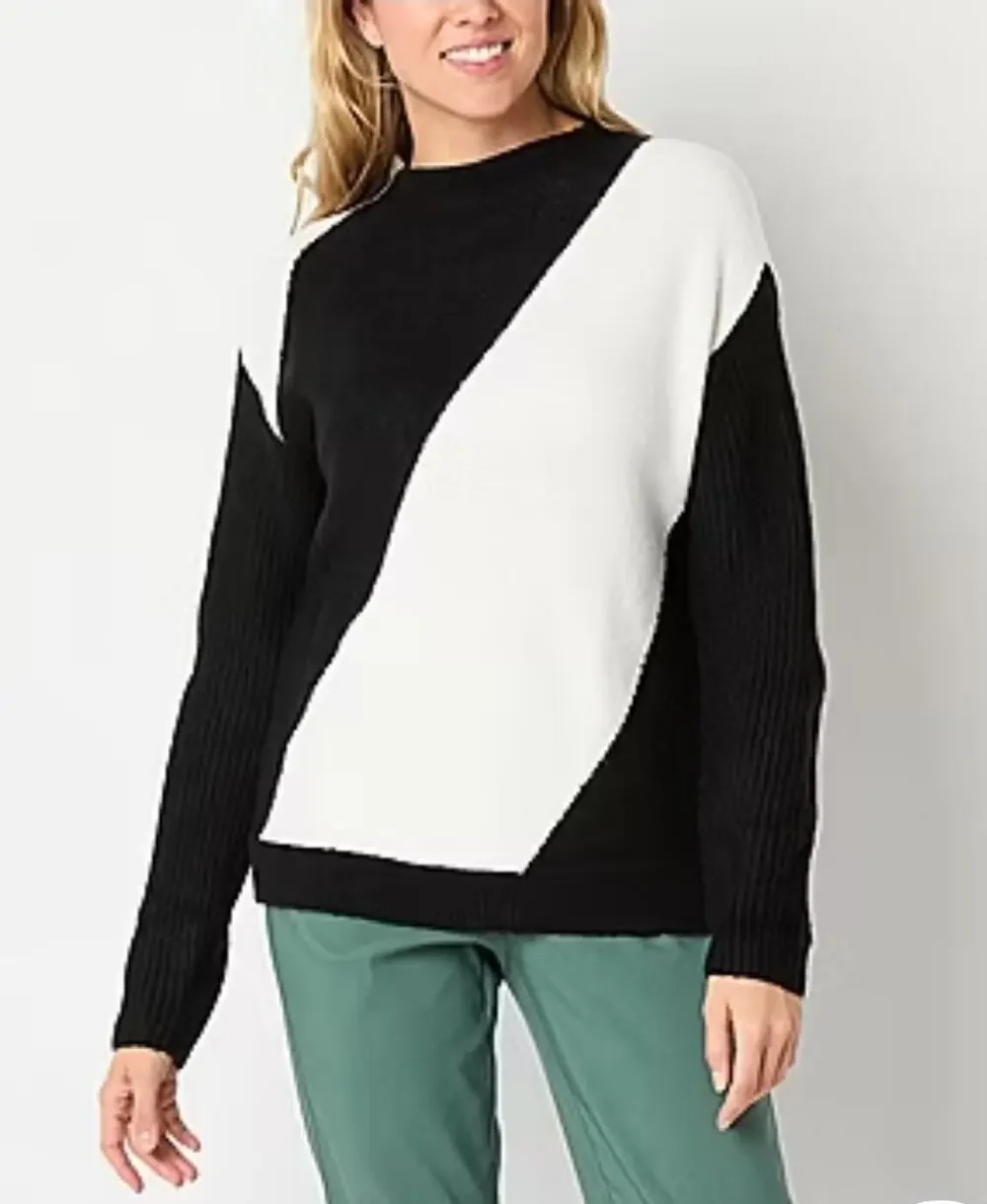 Liz Claiborne Women's L Mock Neck Long Sleeve Black White Striped Sweater